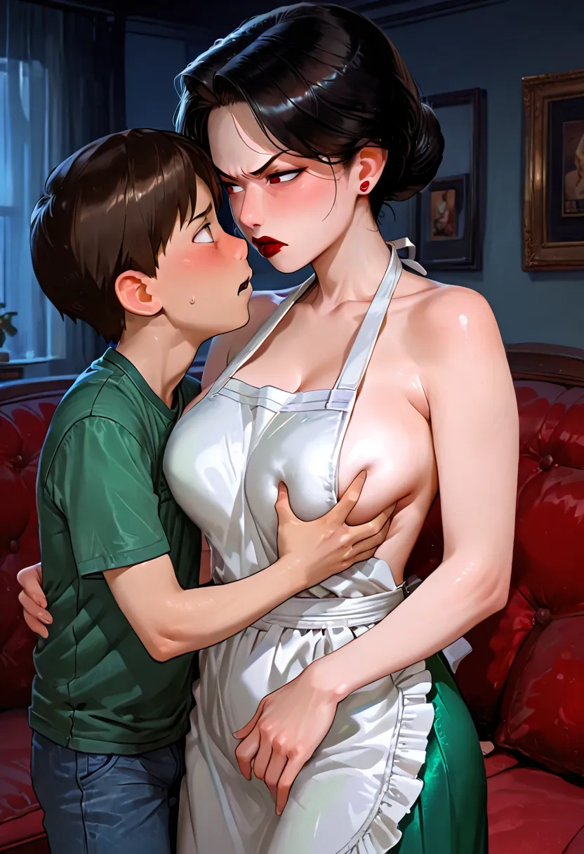 Ming Lee from "turning red",, old , collected, a bun, red lipstick, annoyed, disgusted face, green dress, white apron,  bare breasts , fat breasts, In a night room,   seen from the front, , desde arriba,  avoid eye contact , Shota penetrates her from behin...