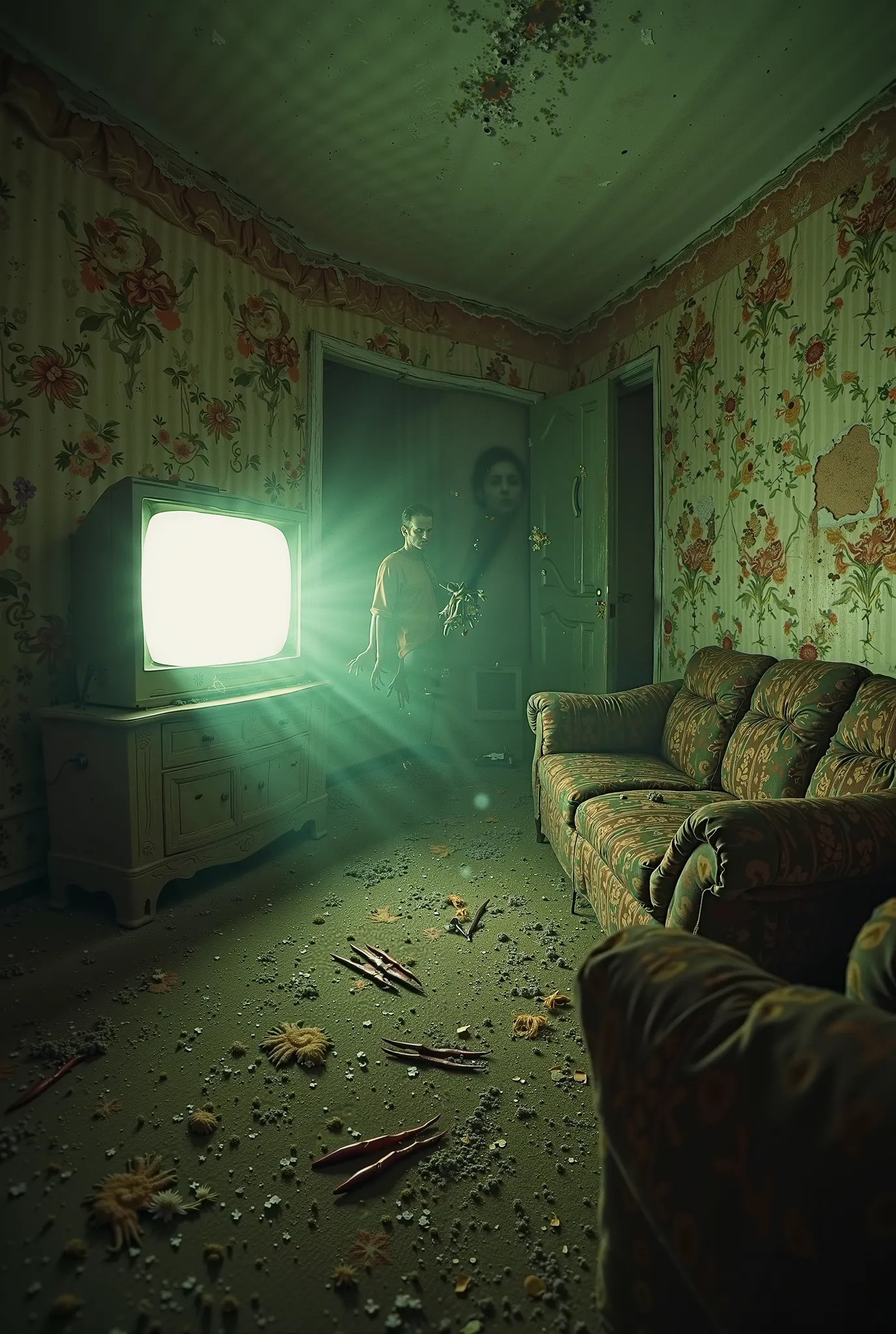 POV shot: A flickering flashlight beam reveals a decaying living room. Dust particles float in the air, shadows of clawed hands stretch across moldy floral wallpaper. A vintage CRT TV glows static in the corner, reflecting a blurred humanoid silhouette beh...