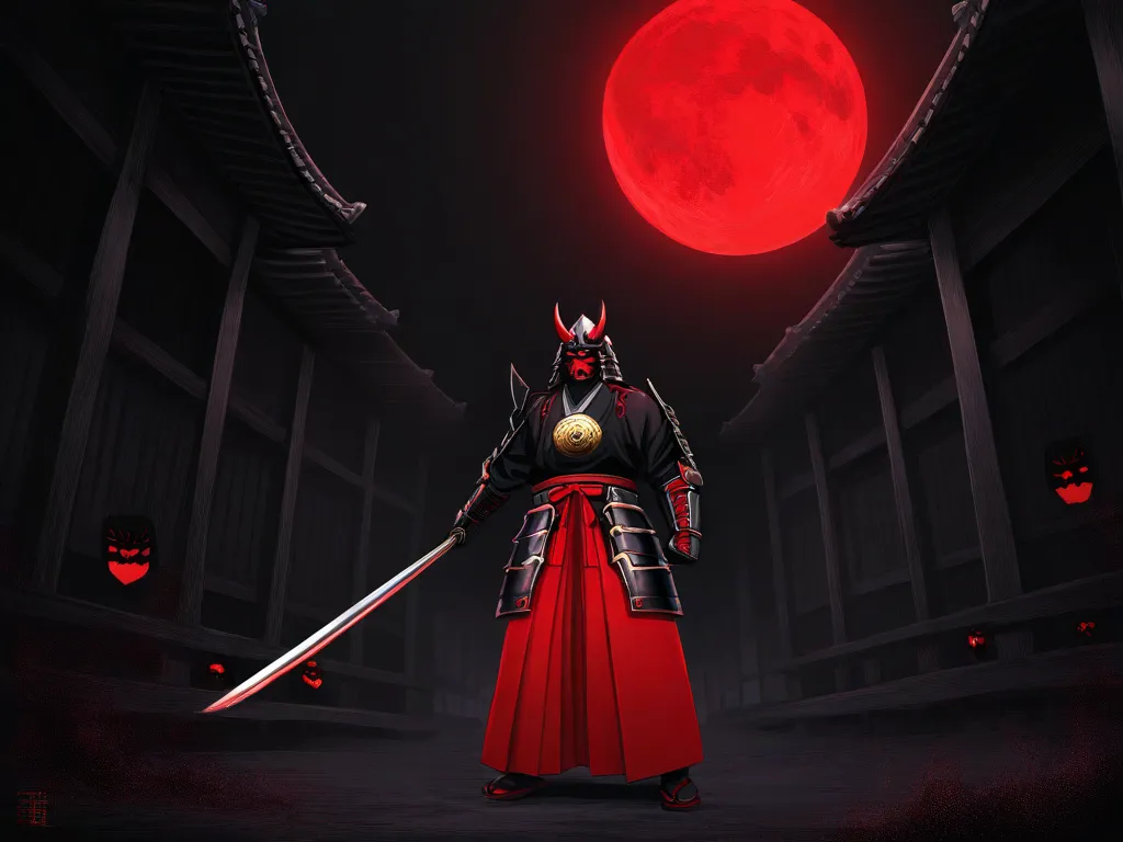 Creates an imposing image of 3 legendary Japanese generals with menacing poses, wearing black kimono , with samurai helmets with small gold details and red oni masks, heavy armor details, silver that look legendary, in the middle of a dark landscape with f...