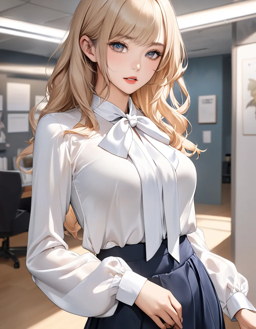 bow blouse, animetoreal, A photorealistic portrait, full-body shot, Anatomically correct, beautiful Japanese women standing at a slight angle facing the camera, blonde semi long hair, High-resolution, detailed, sharp focus, crisp lines, defined edges, clea...