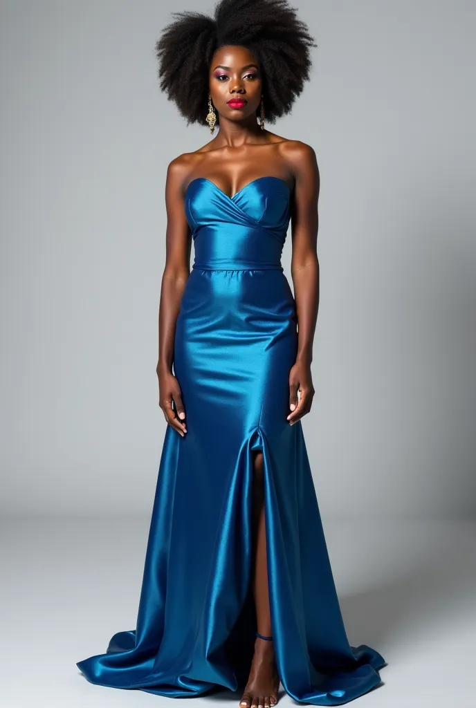 Beautiful 19 year old woman 
Very black and dark skin, Red lipstick
Very bright blue eyes, blue eyes, eyes too blue 
Very big big tits 
Afro hair  
 Wearing a very elegant, strapless, Victorino style long metallic blue dress ,Standing barefoot 