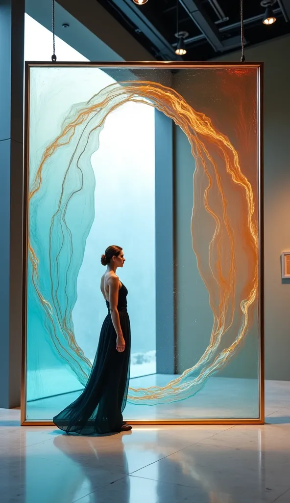 Artistic front photo of a hanging design frame with a woman next to each other in a fluid art exhibition in a famous contemporary art gallery    
