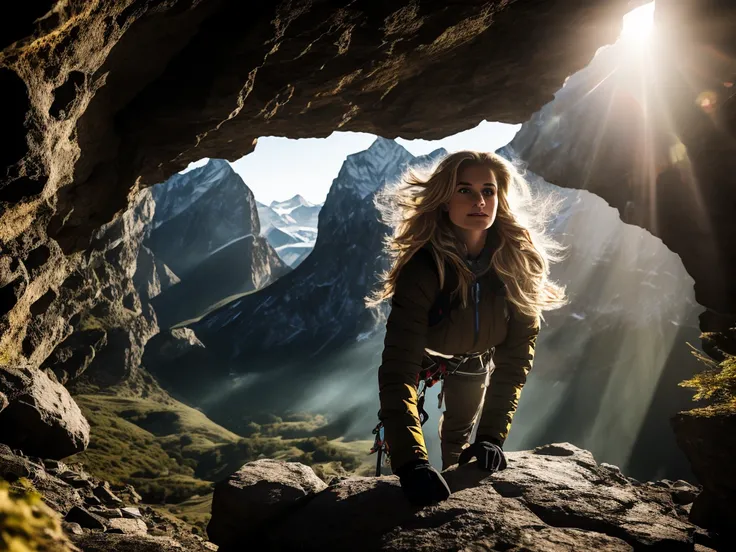  Beautiful white woman, blond hair, mountaineering equipment, climbing on an expedition, in a mysterious dark cave, 