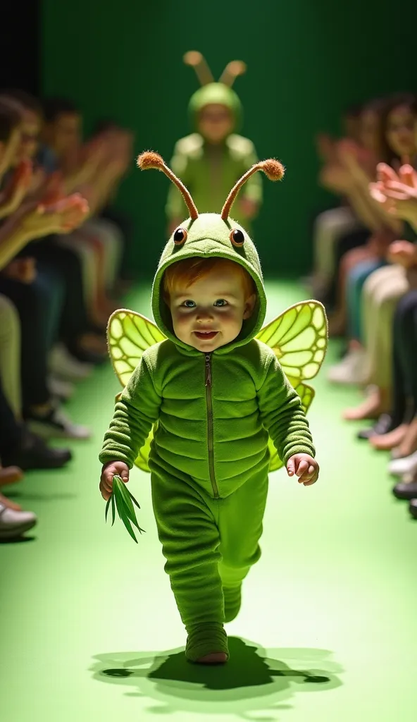 An irresistibly cute, chubby baby with red hair and bright green eyes confidently walks alone down a brightly lit fashion runway, radiating pure joy and excitement. The audience on both sides of the runway claps and cheers, enchanted by the baby’s adorable...