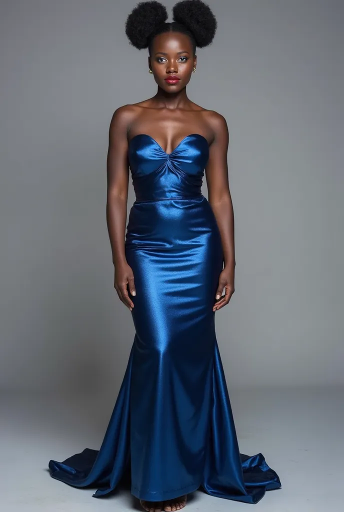 Beautiful 19 year old woman 
Very black and dark skin, Red lipstick
Very bright blue eyes, blue eyes, eyes too blue 
Very big big tits, Huge breasts  
Afro hair tied in two buns   
 Wearing a very elegant, strapless, Victorino style long metallic blue dres...