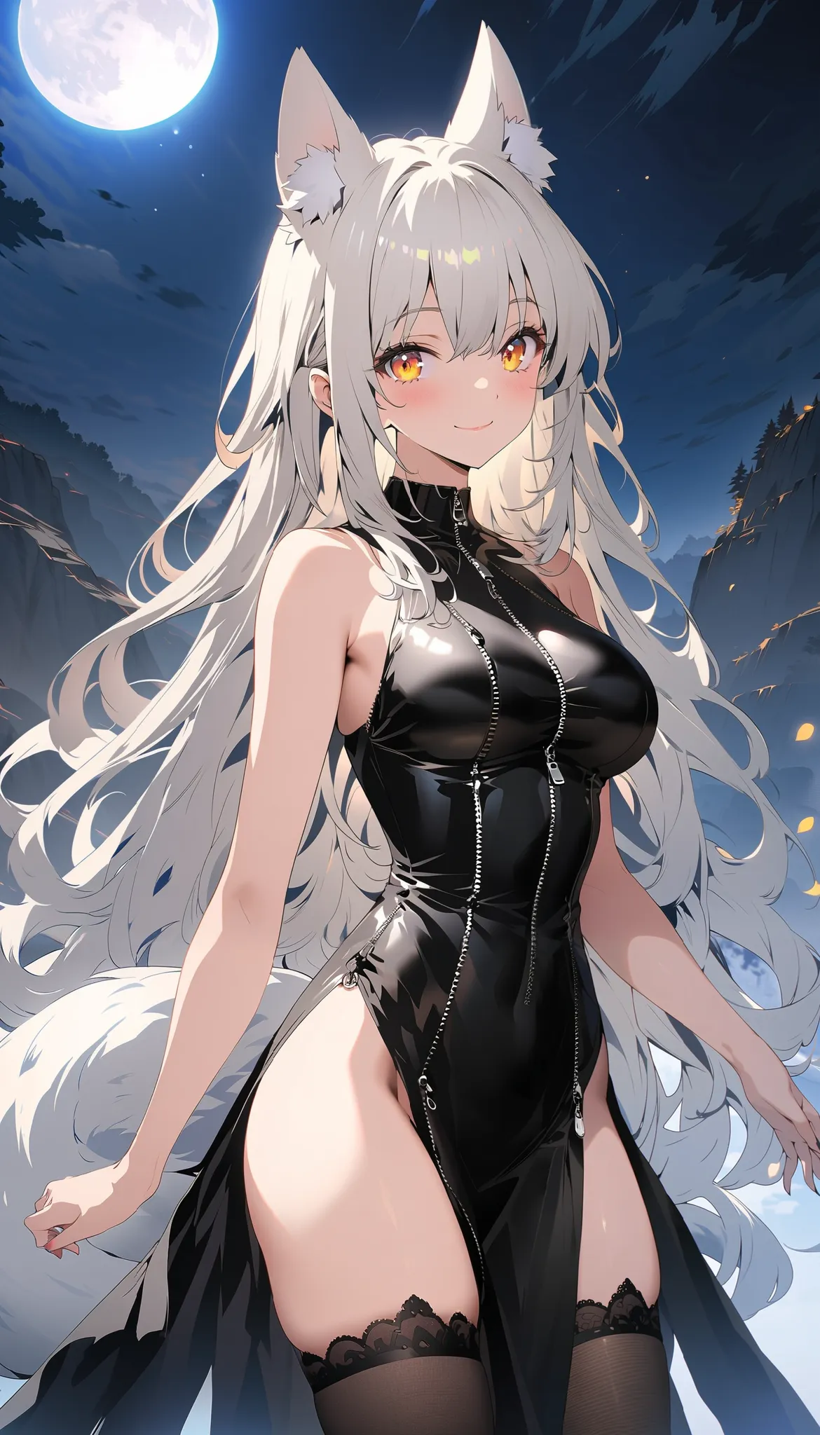 1girl, solo, long hair, looking at viewer, smile, large s, animal ears, closed mouth, bare shoulders, standing, yellow eyes, white hair, thighs, cowboy shot, black thighhighs, black dress, animal ear fluff, orange eyes, fox ears, bare arms, sleeveless dres...