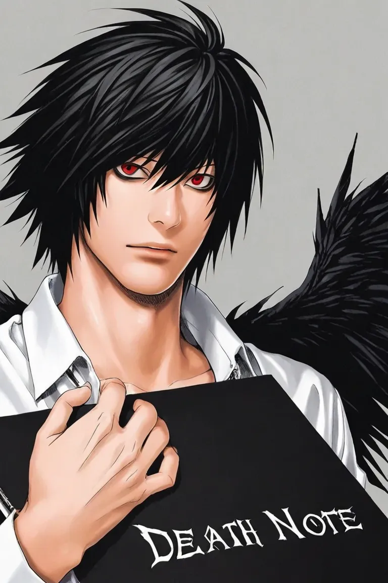 _Aa、Beautiful handsome boy with blue-black belly short hair and red eyes、Black notebook with death note written on it in English､black clothes、 black wings、lips, realistic、(the highest quality in company management :1.2)