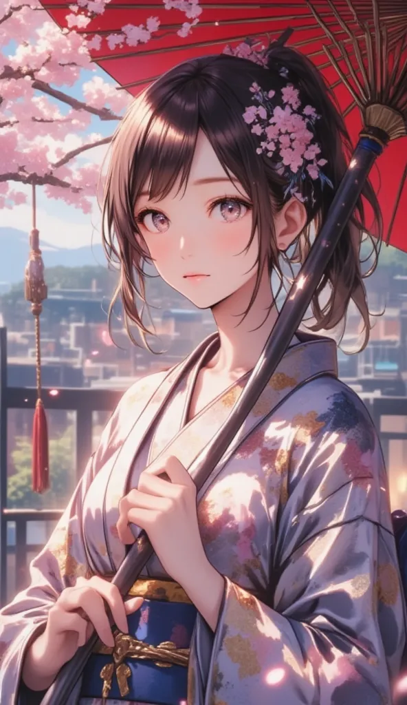 Woman holding a Japanese umbrella , Nishijin Textile Kimono  , Japanese painting style, beautiful anime style portrait, Extra ,  detailed portraits of anime girls  ,  Beautiful Anime Portrait ,  beautiful anime women , digital Animation illustration,  Anim...