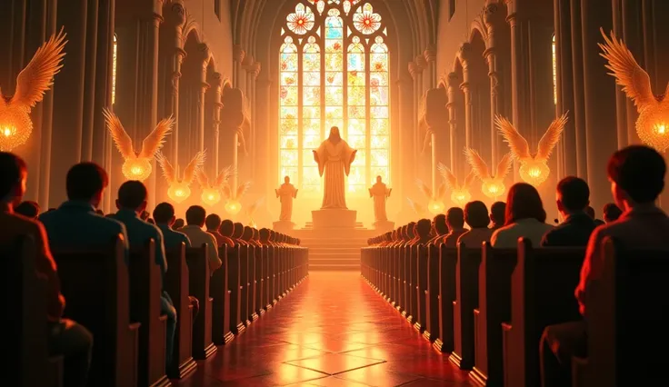 Generate the image of a Catholic church, People seated on benches , angels standing next to people, Are there stained glass windows on the windows,