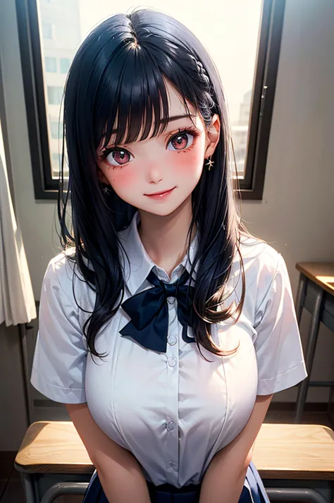 Masterpiece, ((1 girl, Dark Blue Hair, White Skins)), ((Best Quality)), ((Close up)), (Ultra-detailed), Highly detailed, ((Big Breasts)), Perfect Lighting, Perfect background, ((Short Hair, Straight Hair, Dark Blue Hair, Brown eyes, Blunt bangs, Sweep bang...