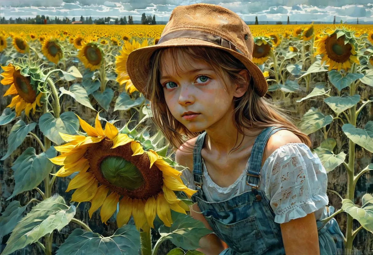 young girl,  summer, on a field of sunflowers.  creative improvisation (Created by John-Salminen)