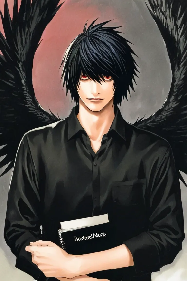 _Aa、Beautiful handsome boy with blue-black belly short hair and red eyes、Black notebook with death note written on it in English､black clothes、 black wings、lips, realistic、(the highest quality in company management :1.2)