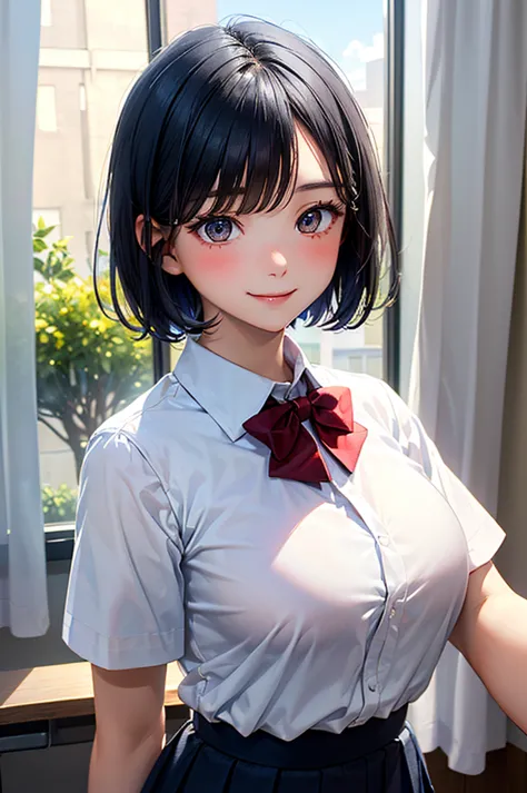 Masterpiece, ((1 girl, Short Hair, Dark Blue Hair, White Skins)), ((Best Quality)), ((Close up)), (Ultra-detailed), Highly detailed, ((Big Breasts)), Perfect Lighting, Perfect background, ((Very Short Hair, Straight Hair, Dark Blue Hair, Brown eyes, Blunt ...