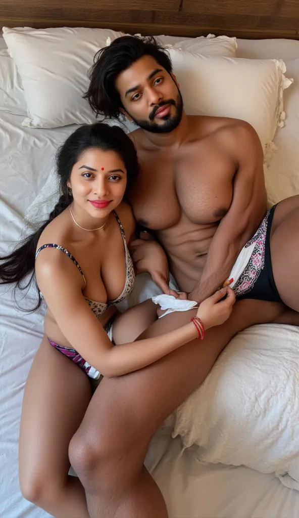 Indian couple in bedroom a black skin bodybuilder man and a sexy white skin woman, tall woman with fat thick curvy mom body physique, woman with a small black dot bindhi and red sindoor, woman with black long single plaited  hair, woman wearing bra(big bre...