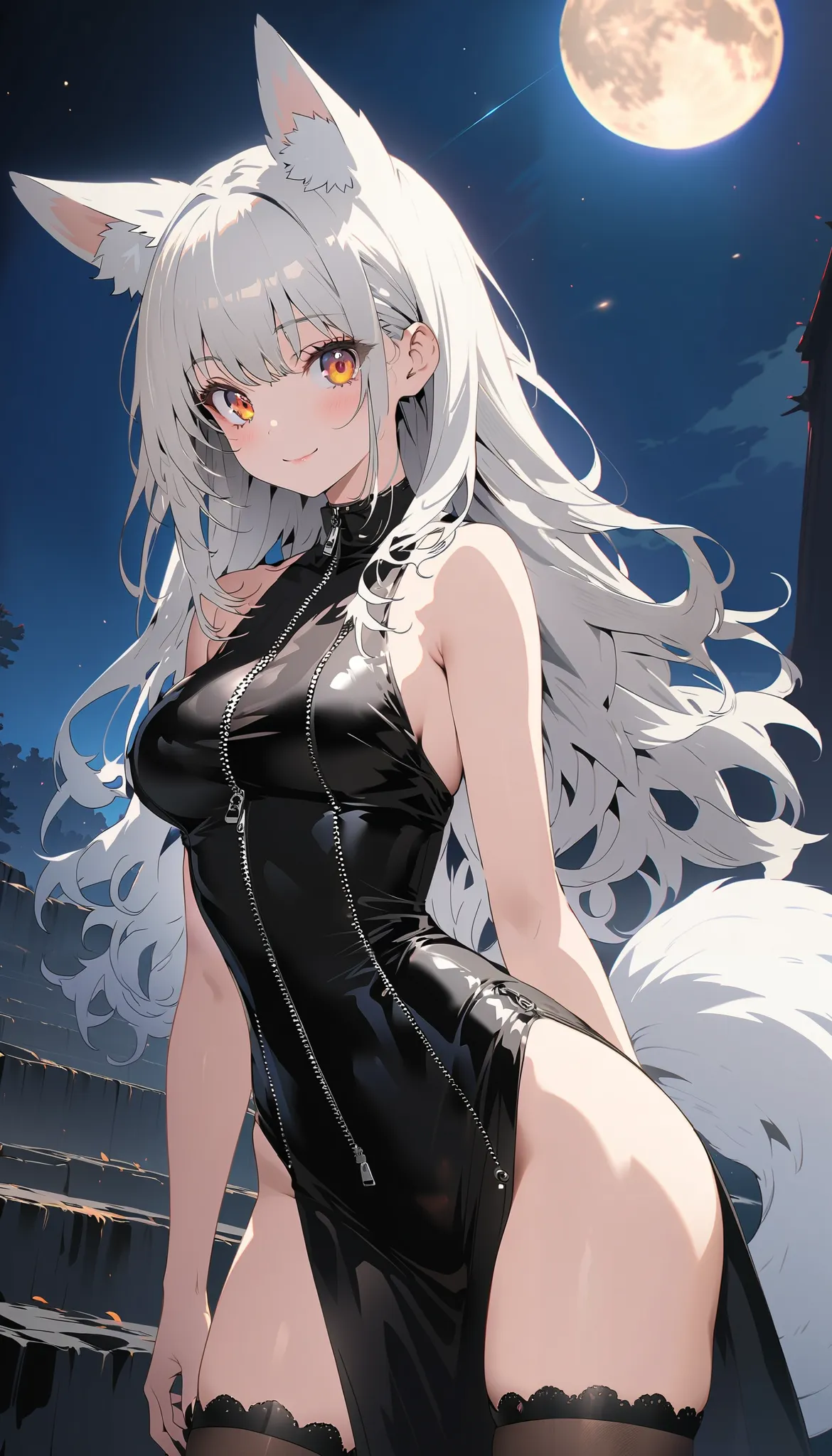 1girl, solo, long hair, looking at viewer, smile, large s, animal ears, closed mouth, bare shoulders, standing, yellow eyes, white hair, thighs, cowboy shot, black thighhighs, black dress, animal ear fluff, orange eyes, fox ears, bare arms, sleeveless dres...