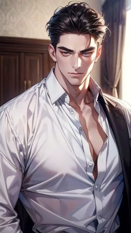 (,4K,8k, highres,masterpiece:1.2),white dress shirt,(Realistic,photoRealistic,photo-Realistic:1.37),36-year-old man,3 day beard,cute anime ,Portraits,strong,masculine,  dark hair,sharp jaw,   mesmerizing eyes   , perfectly combed hair ,  cool anime outfit,...