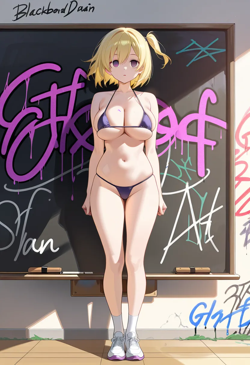 (Graffiti drawn on a blackboard and a girl:1.5), waiting for someone ,Wind, , large breasts,  yellow hair, one side up, side ponytail, short hair, purple eyes, empty eyes, Micro Bikini, full body, Classroom