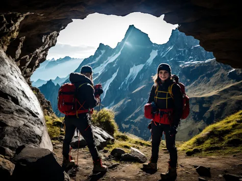  Beautiful white woman, mountaineering equipment, on an expedition, in a mysterious dark cave, and in the background a mysterious and strange creature,