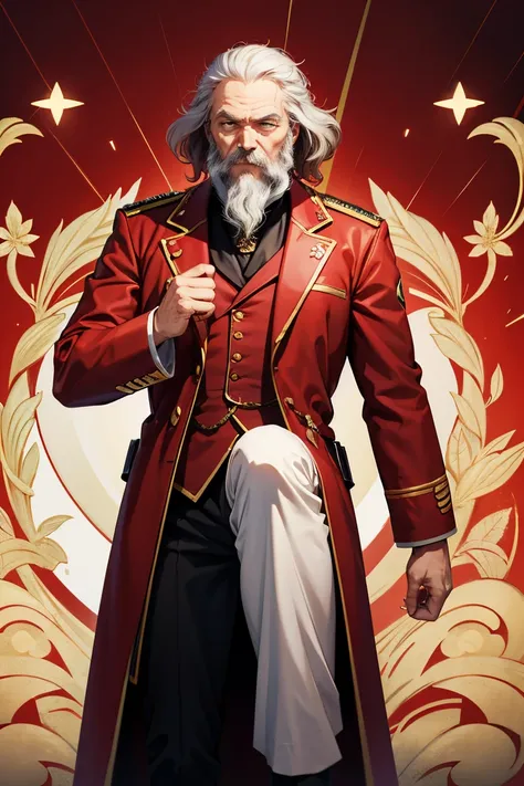 Create an image of Karl Marx in anime, with red clothes and the symbol of the USSR in the background