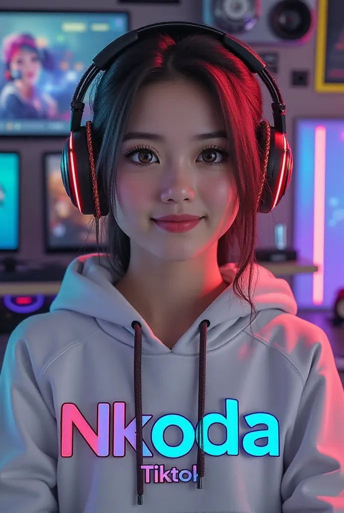 Real face of a gaming girl with a very small smile and brown hair wearing a gaming headset and background design setup gaming with soft lighting and wearing a white hoodie with Nkoda printed in the middle of the hoodie and Tiktok printed in small font