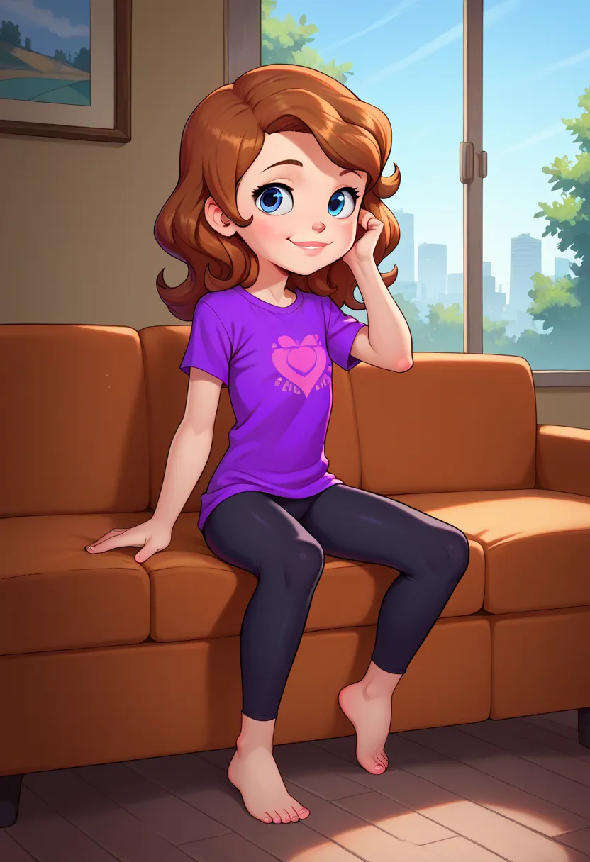 cartoon, young­k­i­d, short-height, 1girl, solo, sofia_the_first, purple plain sparkly shiny t-shirt, black leggings, detailed eyes, perfect eyes, big eyes, beautiful eyes, flat chest, teasing, seducing, smirk,  in amodern bright detailed penthouse, side v...