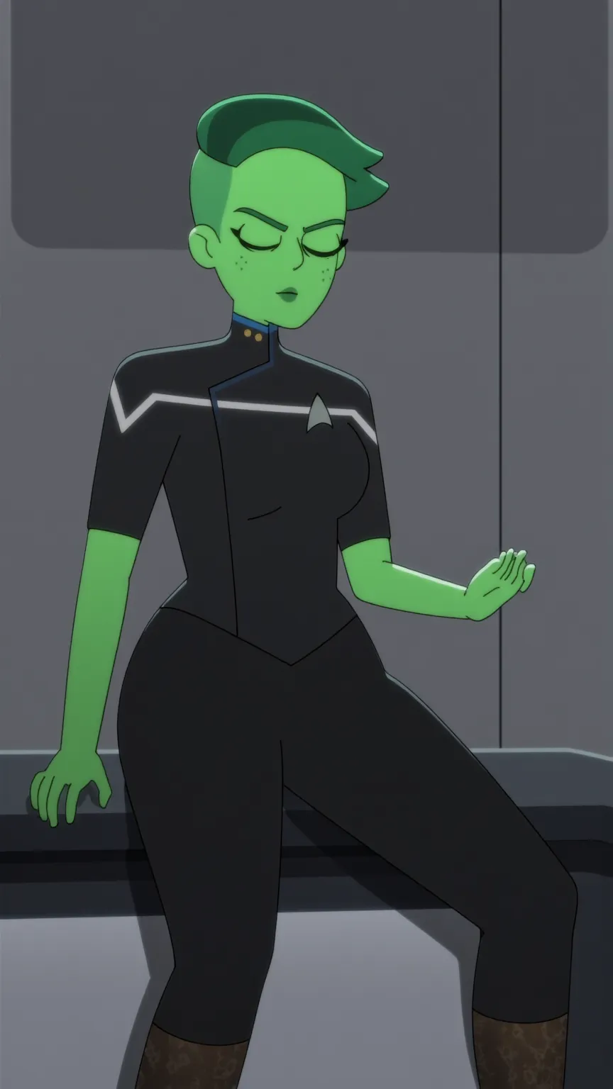 D’vana Tendi, Photo, seated pose deliberately showing off her toned legs, revealing version of blue startrek lower decks uniform, stockings, choker, short asymmetric hairstyle, green skin tone, not a cartoon