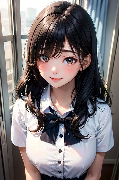 Masterpiece, ((1 girl, Long Hair, Black Blue Hair, White Skins)), ((Best Quality)), (((Close up))), (Ultra-detailed), Highly detailed, ((Big Breasts)), Perfect Lighting, Perfect background, ((Hair 0ver Right Hair, One-eyed Long Hair, Black Hair, Brown eyes...