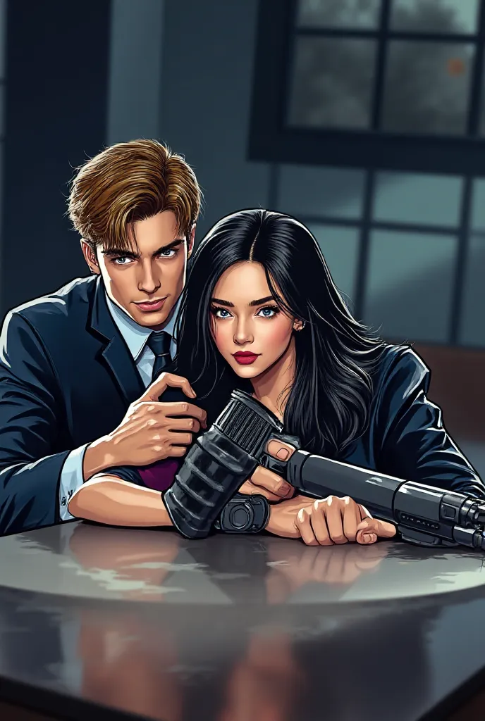 imagine  a thrilling scene featuring a secret agent and a secret agent woman.

Male Agent: Brown hair with golden highlights, shining gray eyes, and a height of 183 cm.

Female Agent: Long black hair, striking blue eyes, and a height of 170 cm.

Clear body...