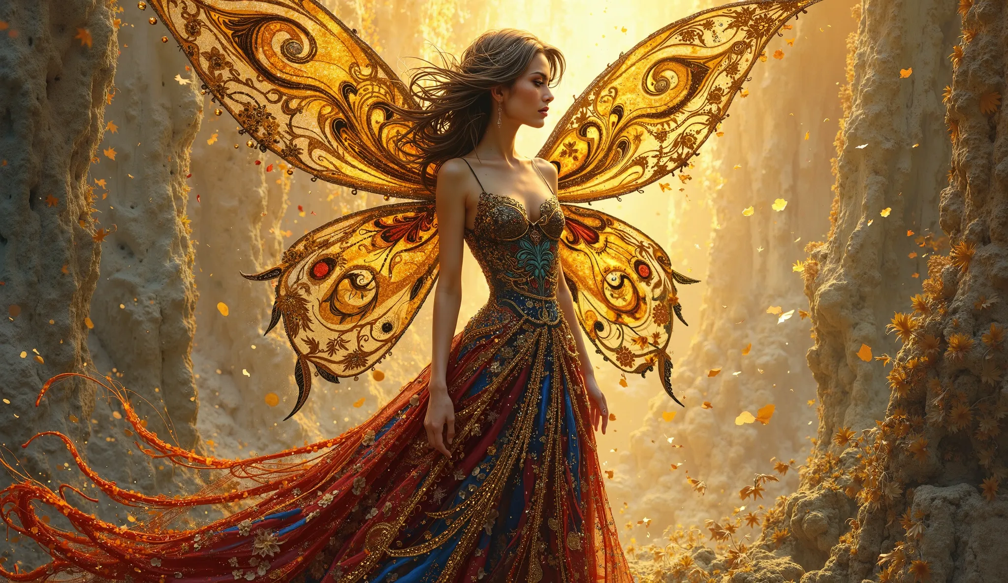 An illustration of a fairy with delicate wings of gold and amber, her gown adorned with swirling Klimt-inspired patterns of deep reds, blues, and gold, standing surreal place, with brush strokes in gold and black, sunlight  
