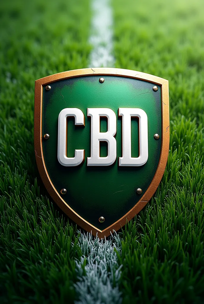 Create an image with a soccer shield with the following acronym CBD WITH THE BACKGROUND OF A GREEN LAWN OF A SOCCER STADIUM 