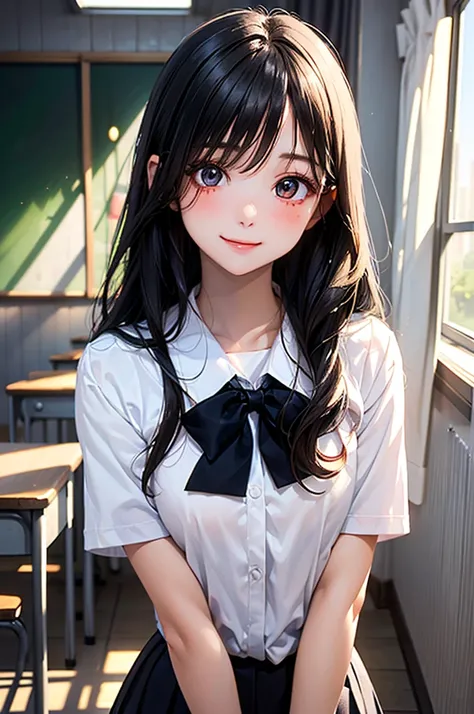 Masterpiece, ((1 girl, Long Hair, Black Blue Hair, White Skins)), ((Best Quality)), (((Close up))), (Ultra-detailed), Highly detailed, ((Flat Breasts)), Perfect Lighting, Perfect background, ((Hair 0ver Right Hair, One-eyed Long Hair, Black Hair, Brown eye...