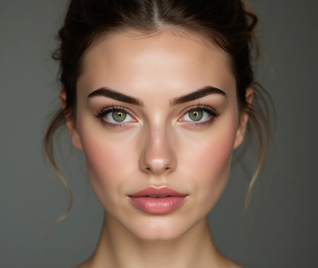 The face of a beautiful, perfect woman, with dark blonde hair tied up, large, clear, prominent green eyes, small chin, very large, full lips, red cheeks, large, voluminous, sexy eyelashes, small, upturned nose, light brown eyebrows made and marked in a sof...