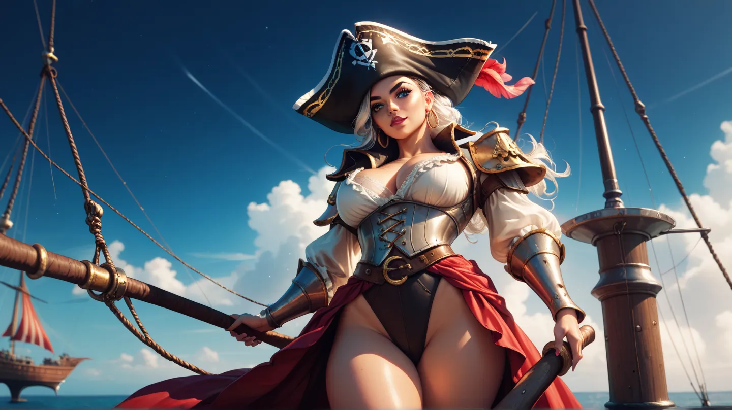 Pirate beautiful lady, curvy body, wearing a pirate platinum armour ,dark night background , standing pirate long ship in dark night 