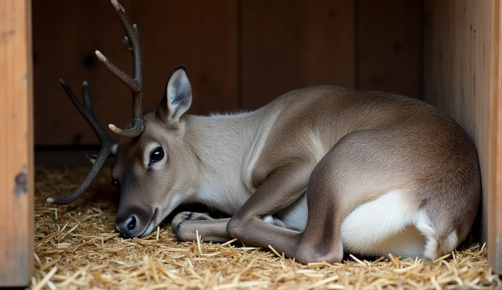 Inside a cozy wildlife rescue center, the reindeer rests in a safe, enclosed area filled with straw bedding. Veterinarians and caretakers check on him daily, feeding him nutritious food, brushing his fur, and ensuring he heals properly. Over time, the rein...