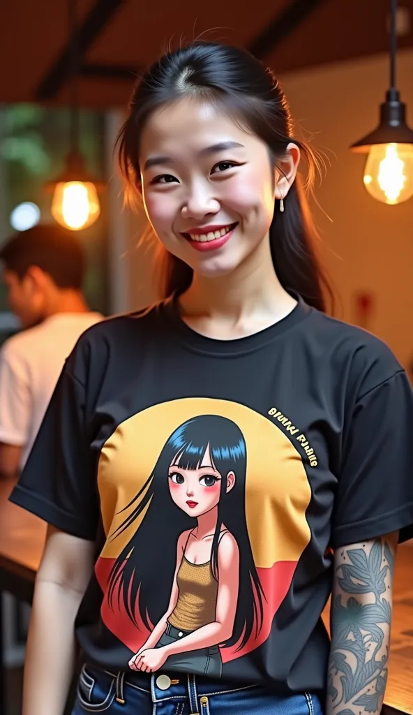   Asian girl,Round face, smiles brightly,  Dark Makeup , in a t-shirt set with a pretty graphic print design, " Butapuang 90s ," ,  Colorful,   Translucent Kit, excellent performance    ,  , Old short jeans missing dark, Wet shirt, Wet skin, Shiny skin, Ya...