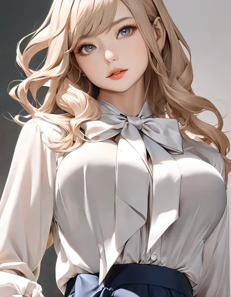 bow blouse, animetoreal, A photorealistic portrait, full-body shot, Anatomically correct, beautiful Japanese women standing at a slight angle facing the camera, blonde semi long hair, High-resolution, detailed, sharp focus, crisp lines, defined edges, clea...