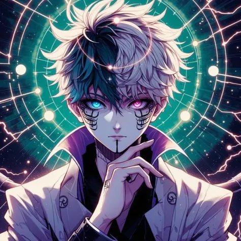 "A godlike warrior stands at the peak of his power. His hair is perfectly split—one side pure white, the other deep black. His left eye glows with an intense sacred blue, radiating divine energy, while his right eye burns with a swirling green-black aura, ...