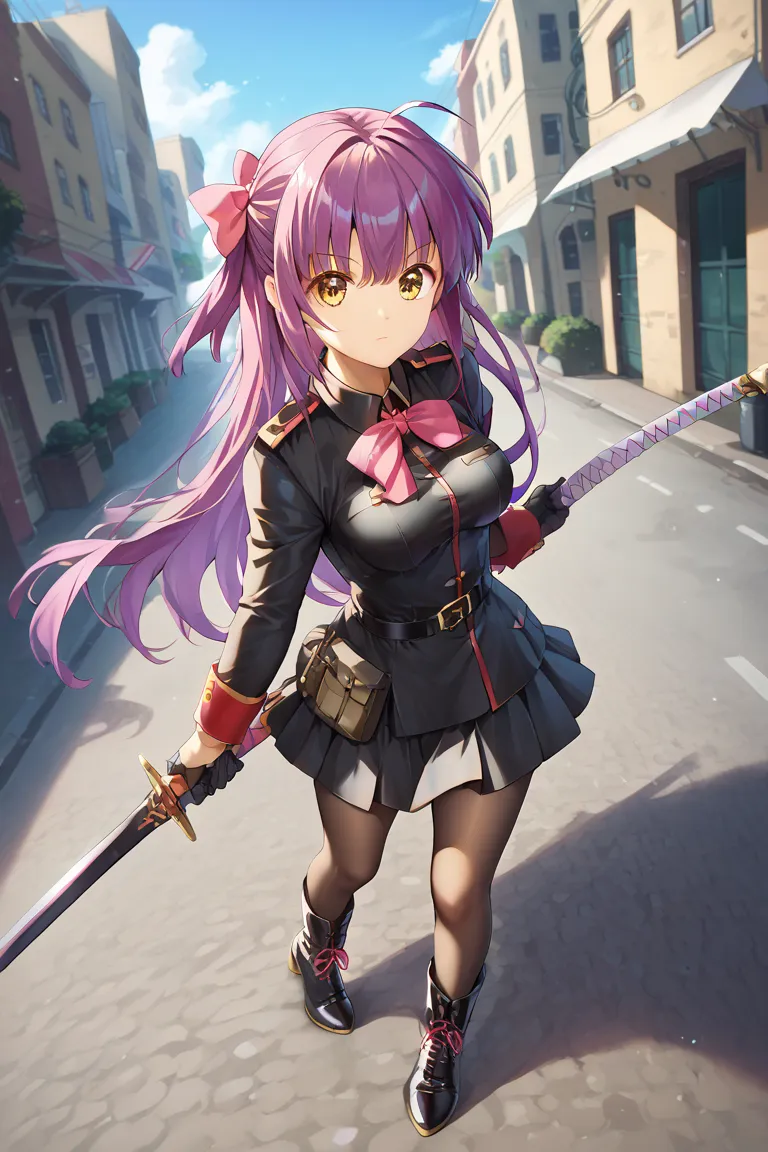 angle, perfect quality, best quality, absolutely eye-catching, masterpiece, absurd res, 1girl, solo, adult_girl, pretty_face, futaki kanata, yellow eyes, medium breasts, small ahoge, purple hair, hair bow, uniform, black boots, ((shinsengumi_uniform)), (bl...