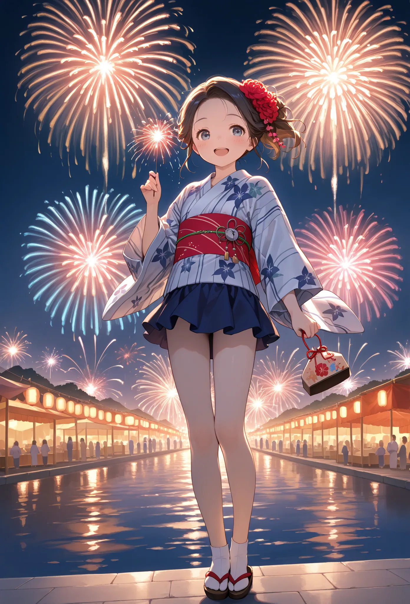     young ,yukata, socks,fair,Holding,   Fireworks ,date,Ladylike,miniskirt