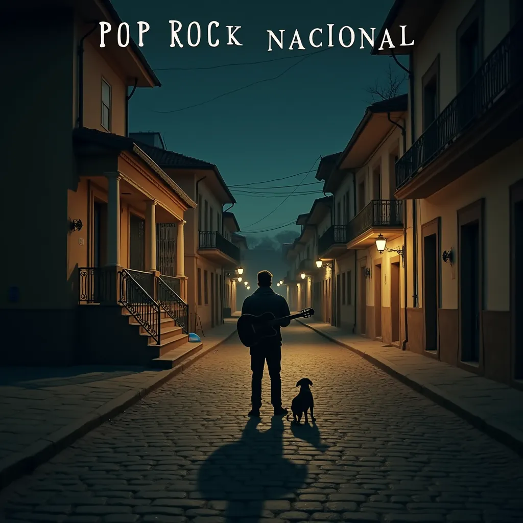 realistic, 4k, cinematic image, a deserted avenue and a lit night with several old houses, a man in pants and jacket, facing away from the avenue, playing a guitar, in the background a dog sitting on a staircase watching him. At the top, the "POP ROCK NACI...