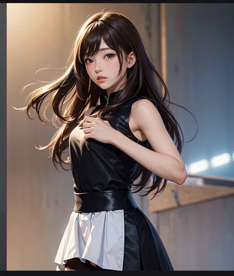  One Girl,  sleeveless dress、High Resolution, masterpiece,  human anatomically accurate, number々Awards, 最 high quality ,  High Resolutionモデル,  high detail,  high quality , retina,  very well detailed,  textured skin, , brown hair, Front hair, long hair,  s...