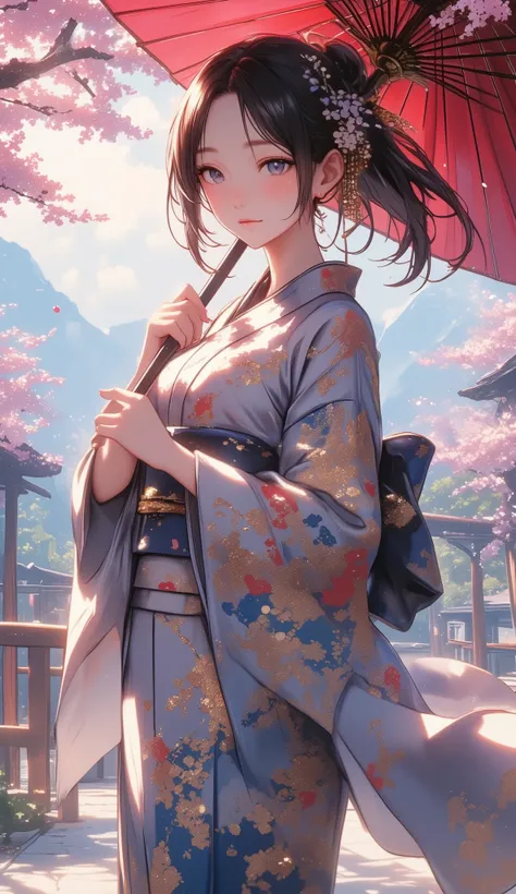 Woman holding a Japanese umbrella , Nishijin Textile Kimono , Japanese painting style, beautiful anime style portrait, Extra , detailed portraits of anime girls , Beautiful Anime Portrait , beautiful anime women , digital Animation illustration, Anim...