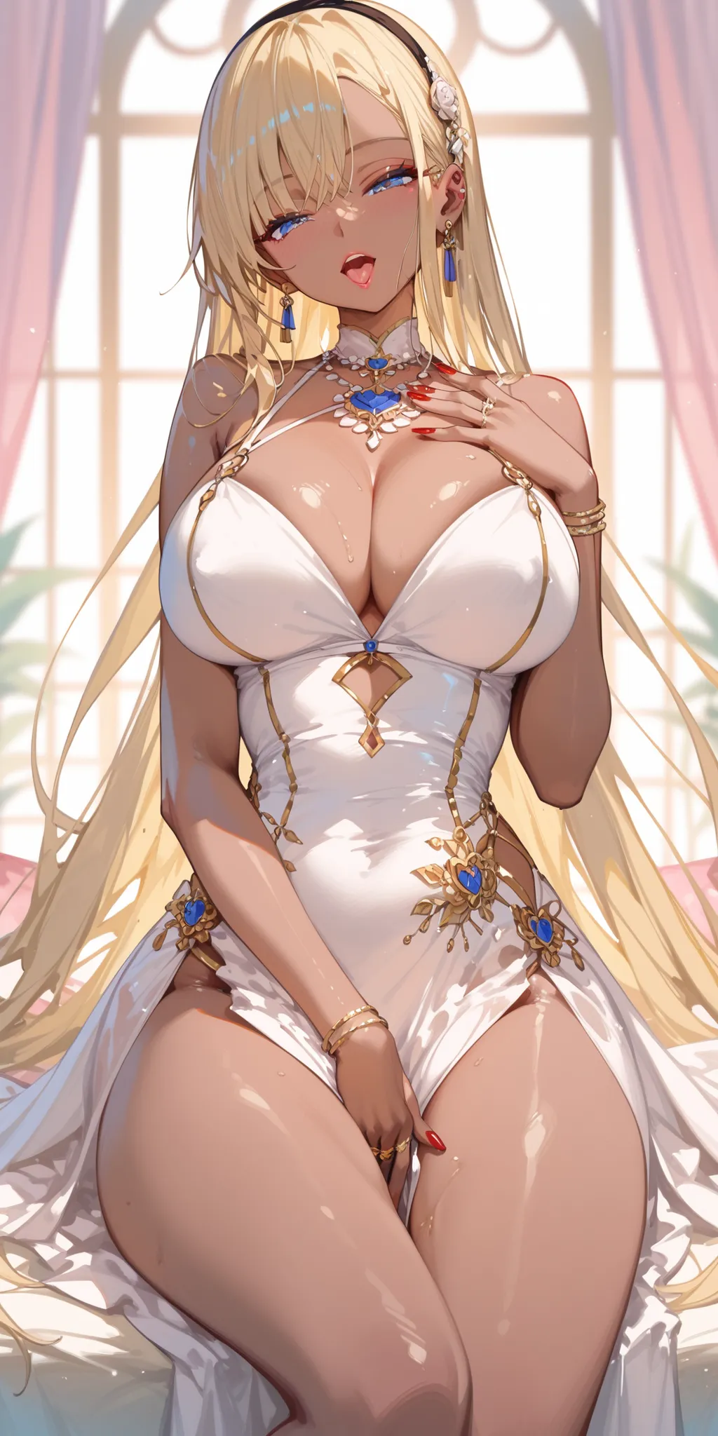 masterpiece,best quality,great quality,Absard Dress, 1 girl、gal、gold hair、brown skin、very big breasts、Big Breasts、超Big Breasts、太い太腿、Very thick thighs、naked、opens her legs、masturbate、Red long nails、Ecstasy