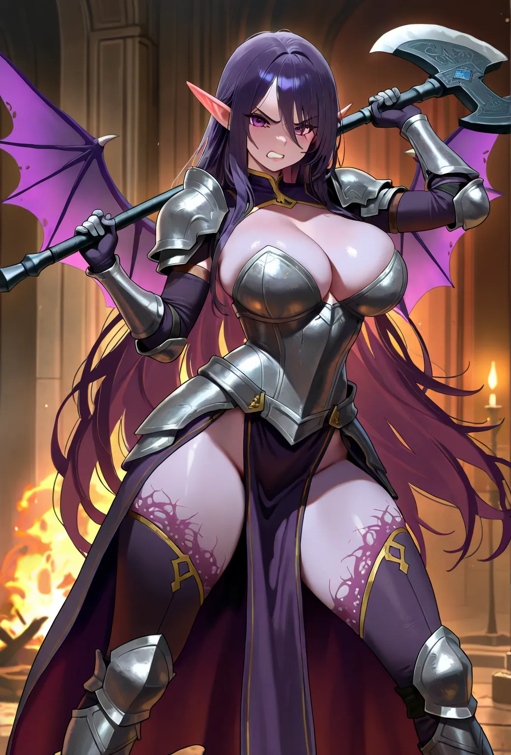 masterpiece,amazing quality,  best quality,ultra detailed,24K,Illustration, Dark purple hairy elf, Who holds an axe , she had purple eyes and lips and demonic wings , long hair , super detailed, Very large breasts, bad, barely any armor , pose, angry he se...