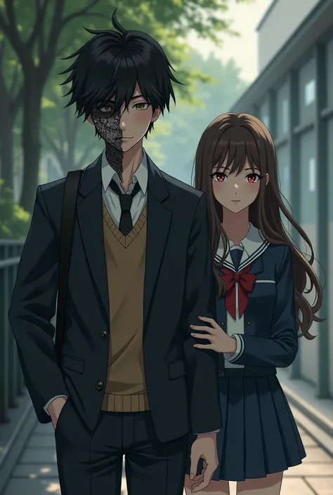 "Everyone Thought My Boyfriend Is Ugly: A Hidden Face, high school character, A young guy had a split face one side mask, the other side fine and a beautiful girl in a school uniform 