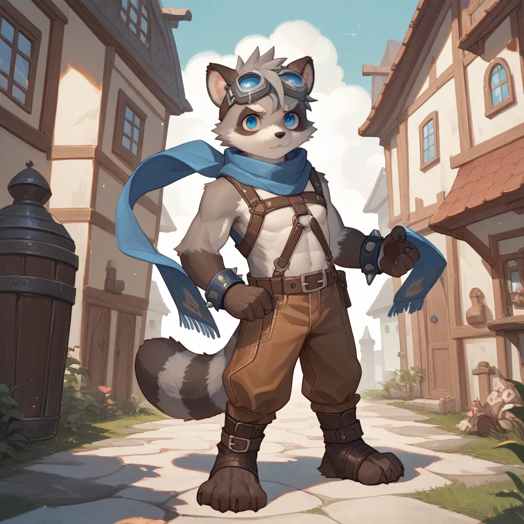 solo, furry, kemono, raccoon, It has a cute face but a big body., grey body, spiked grey hair, Detailed body fur, long blue scarf, leather_harness, dark brown baggy pants, goggles, masterpiece, gray body, Detailed face, big eyebrows, blue eyes, detailed ey...