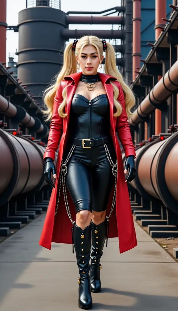 Digital illustration of a plump muscle korean woman like sailormoon with twin tied ponytailed long blonde hair. she is standing in an industrial area with pipes and machinery in the background. the woman is wearing a black leather outfit with a high neckli...