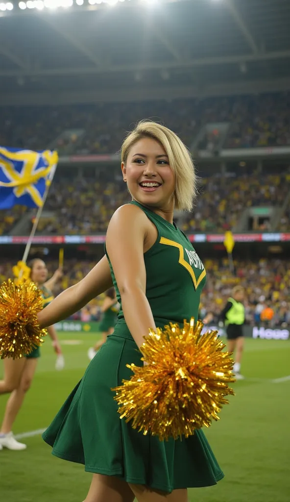 A lively and energetic Australian cheerleader with a stylish short haircut, performing a dynamic routine in a stadium. She wears a green and gold cheerleading outfit, inspired by the colors of the Australian national team, with a short pleated skirt and a ...