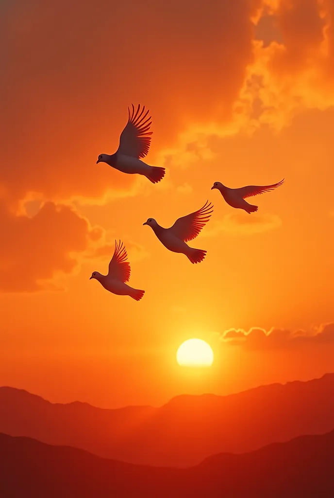 3 4 pigeons flying close to each other in an orange sky