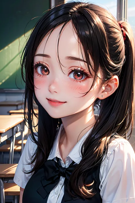 Masterpiece, ((1 girl, Black Hair, White Skins)), ((Best Quality)), (((Close up))), (Ultra-detailed), Highly detailed, ((Big Breasts)), Perfect Lighting, Perfect background, ((Ponytail Hair, Long Hair, Forehead, Black Hair, Brown eyes, Western Face)), ((19...